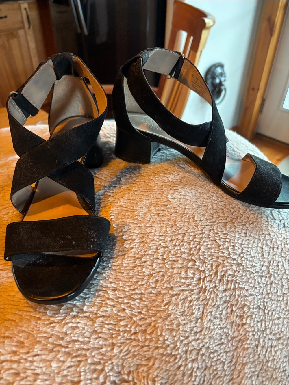 Naturalized Black Suede Crisscross Mid Block Heel Sandals